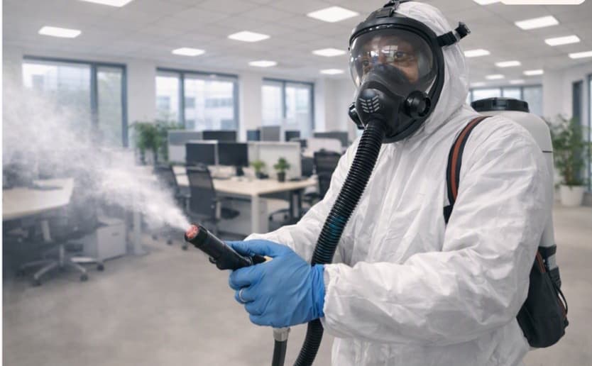 Technicien en combinaison et protection respiratoire pulvérisant un désinfectant dans des bureaux
