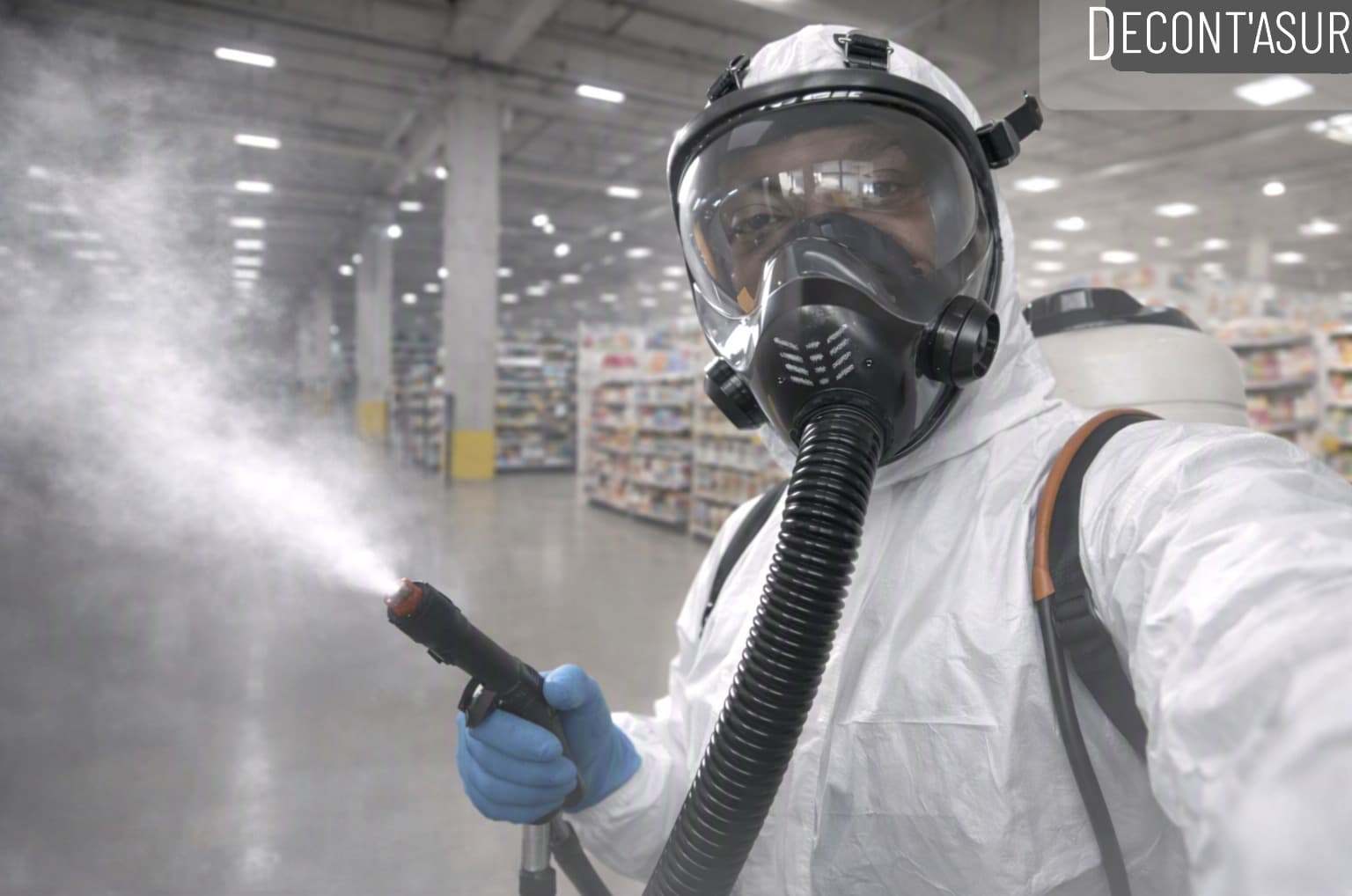 Technicien DECONT'ASUR en protection respiratoire désinfectant une surface commerciale