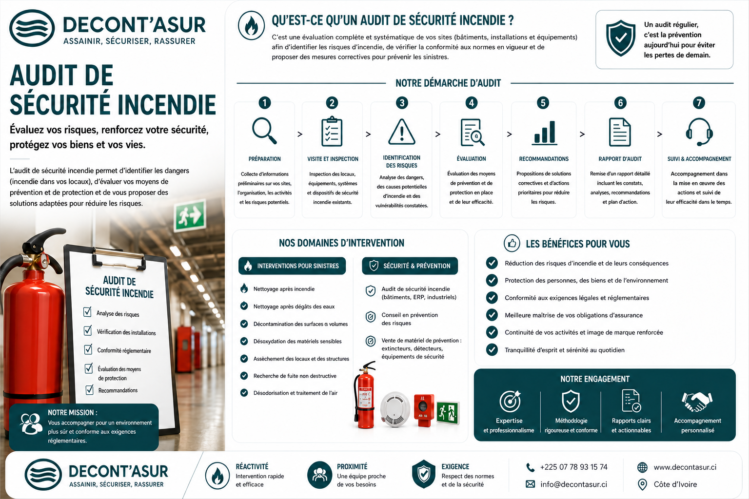 Infographie DECONT'ASUR présentant l'audit de sécurité incendie en sept étapes : préparation, visite et inspection, identification des risques, évaluation, recommandations, rapport d'audit, suivi et accompagnement.