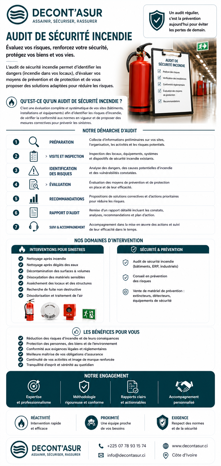 Infographie DECONT'ASUR présentant l'audit de sécurité incendie en sept étapes : préparation, visite et inspection, identification des risques, évaluation, recommandations, rapport d'audit, suivi et accompagnement.